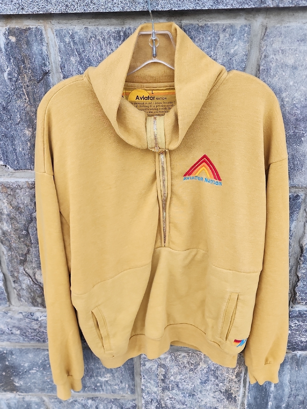 Aviator Nation Mountain Embroidery Half Zip Sweatshirt In Khaki Large - Picture 3 of 16